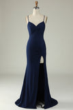 Mermaid Spaghetti stropper Navy Plus Size Prom kjole med delt front