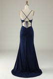 Mermaid Spaghetti stropper Navy Plus Size Prom kjole med delt front