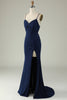 Load image into Gallery viewer, Mermaid Spaghetti stropper Navy Plus Size Prom kjole med delt front