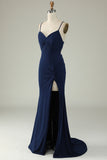 Mermaid Spaghetti stropper Navy Plus Size Prom kjole med delt front