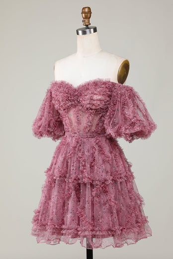 Nydelig en linje av skulderen Fuchsia Tylle Kort Homecoming kjole med korte ermer