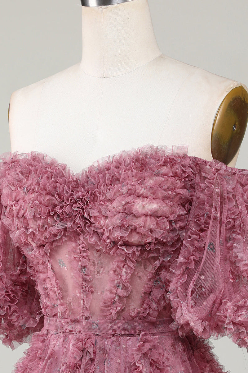 Load image into Gallery viewer, Stilig linje av skulderen Dusty Rose Tylle Kort Homecoming kjole med korte ermer