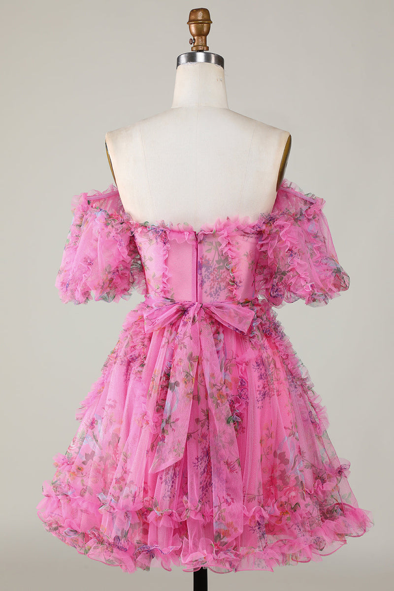 Load image into Gallery viewer, Stilig linje av skulderen Dusty Rose Tylle Kort Homecoming kjole med korte ermer