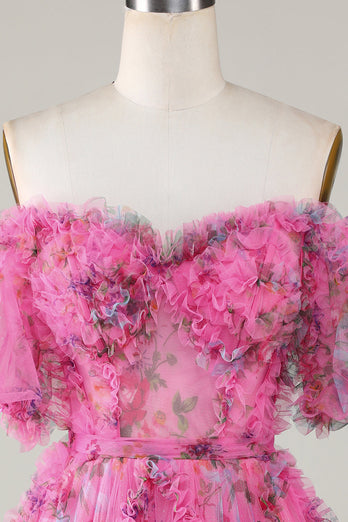Nydelig en linje av skulderen Fuchsia Tylle Kort Homecoming kjole med korte ermer