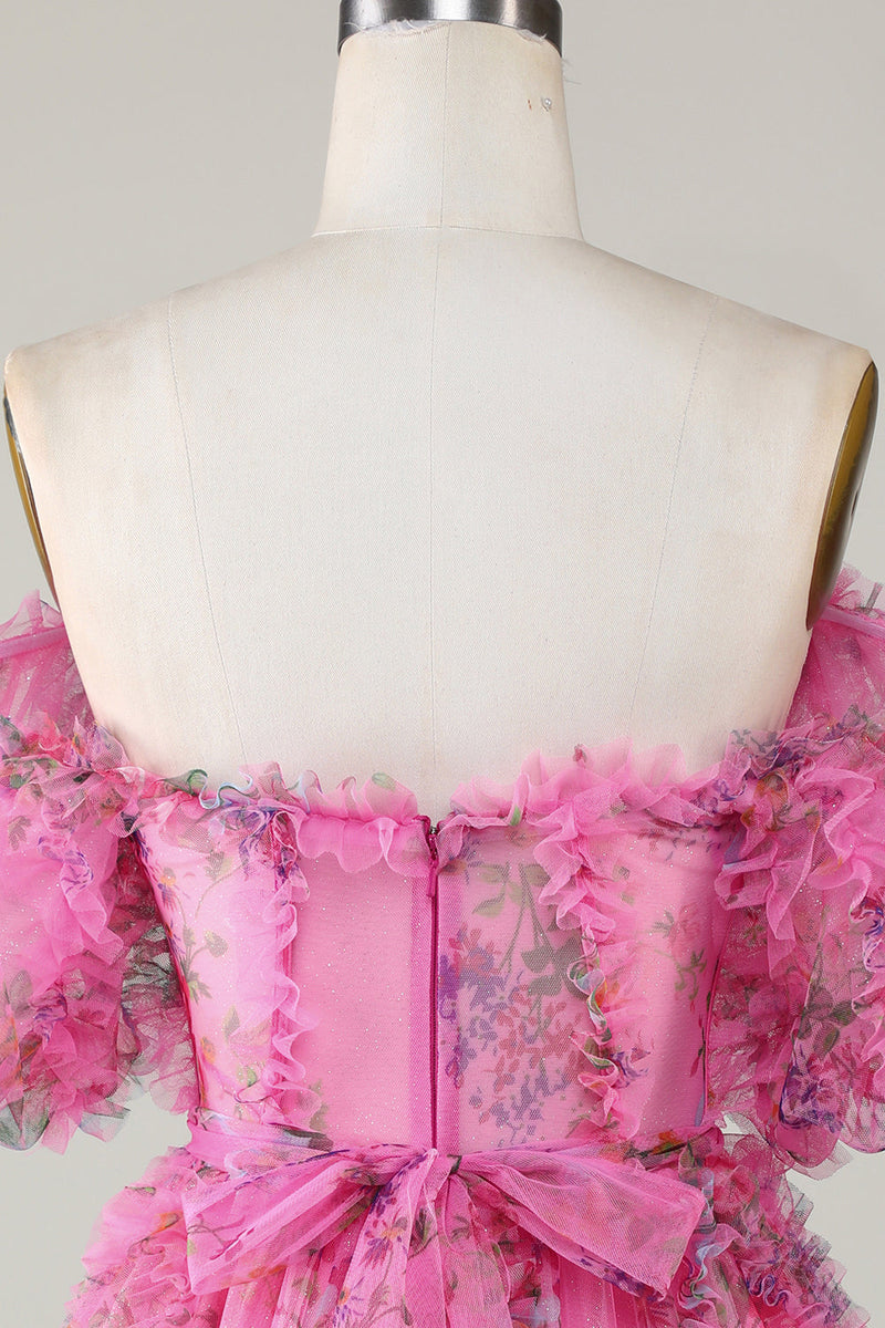 Load image into Gallery viewer, Nydelig en linje av skulderen Fuchsia Tylle Kort Homecoming kjole med korte ermer
