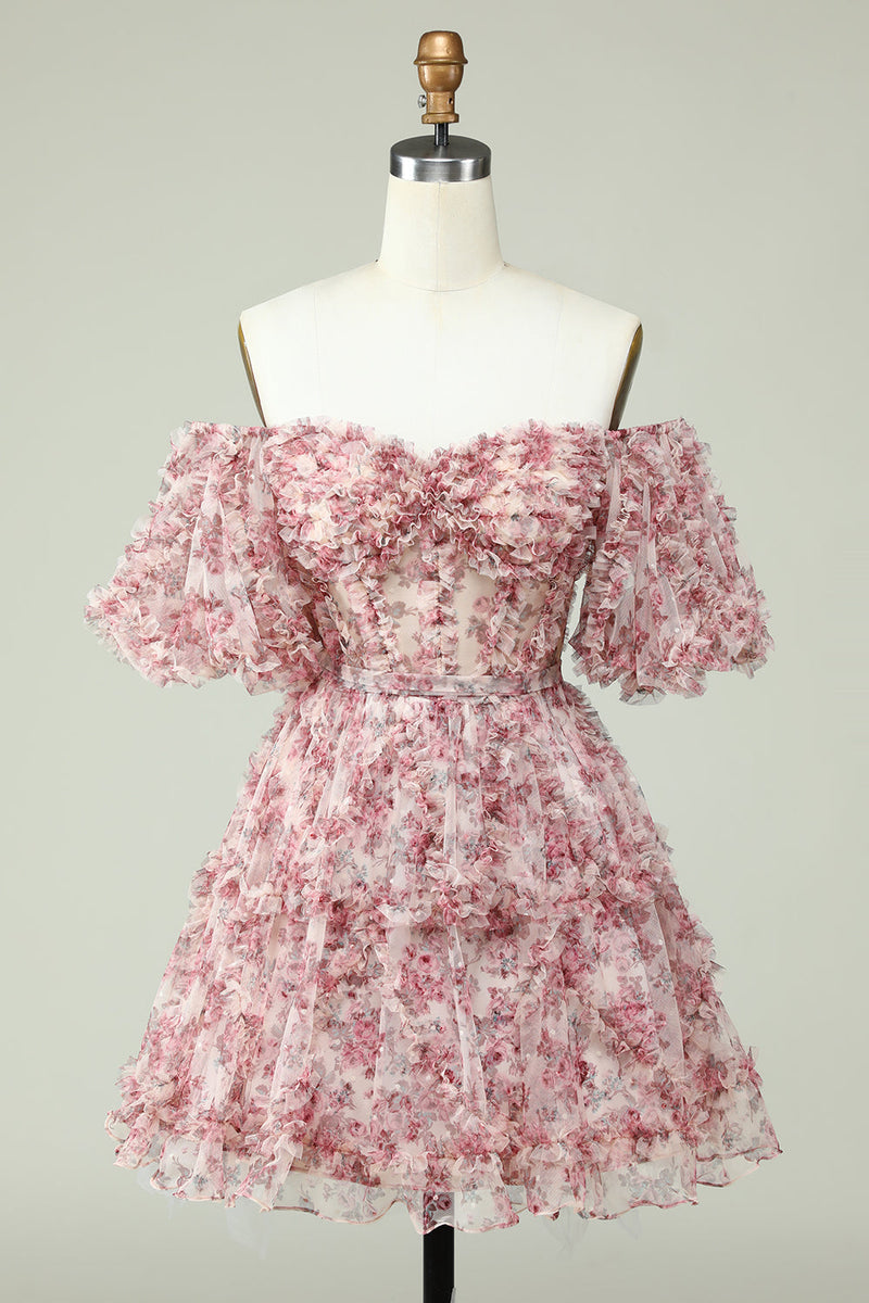 Load image into Gallery viewer, Av skulderen Homecoming kjole med blomsterprint