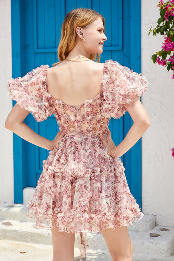 Stilig linje av skulderen Dusty Rose Tylle Kort Homecoming kjole med korte ermer