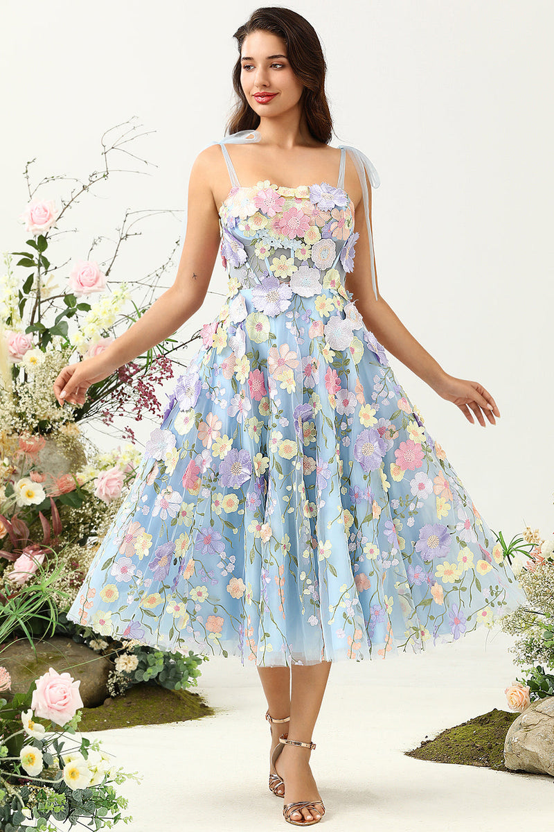 Load image into Gallery viewer, Cute A Line Spaghetti stropper blå te lengde Prom kjole med 3D-blomster