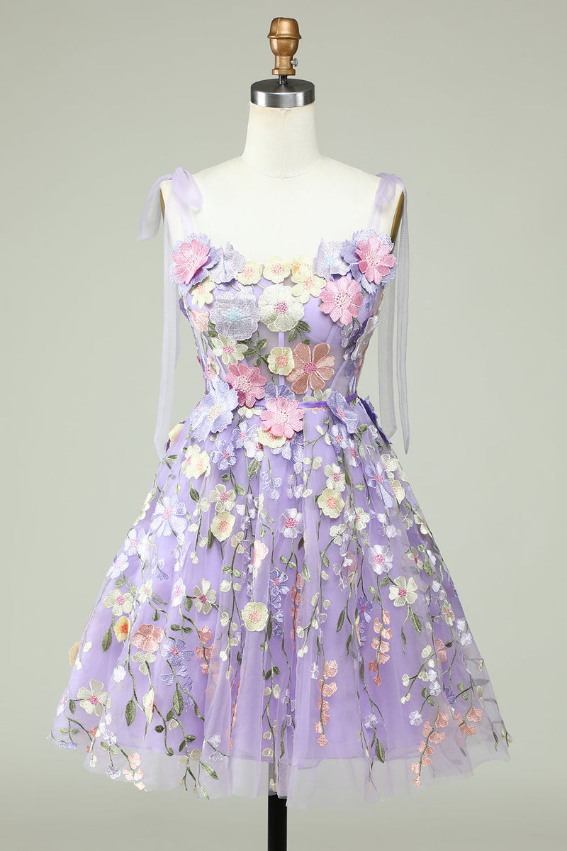 Load image into Gallery viewer, En linje Spaghetti stropper lilla korsett Homecoming kjole med 3D blomster