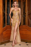 Stunning Mermaid Spaghetti stropper Golden Long Prom kjole med delt front