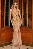 Stunning Mermaid Spaghetti stropper Golden Long Prom kjole med delt front