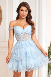 Cute A Line Dark Blue Corset Tiered Short Homecoming Dress med blonder