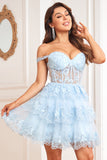 Cute A Line Dark Blue Corset Tiered Short Homecoming Dress med blonder