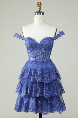 Cute A Line Dark Blue Corset Tiered Short Homecoming Dress med blonder
