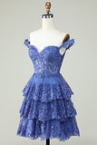 Cute A Line Dark Blue Corset Tiered Short Homecoming Dress med blonder