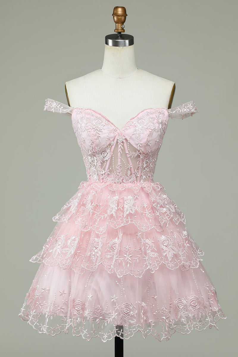 Load image into Gallery viewer, Søt en linje av skulderen rosa korsett Homecoming kjole med blonder