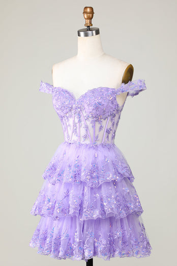 Prinsesse A Line Purple Korsett Tiered Kort Homecoming kjole med blonder