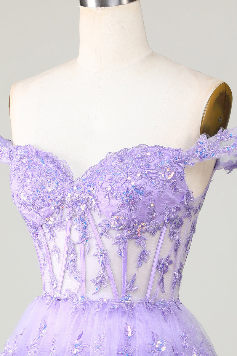 Load image into Gallery viewer, Prinsesse A Line Purple Korsett Tiered Kort Homecoming kjole med blonder