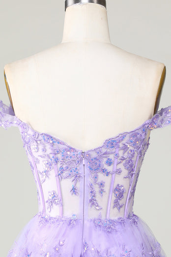 Prinsesse A Line Purple Korsett Tiered Kort Homecoming kjole med blonder