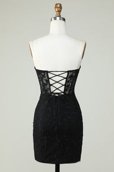 Bodycon Sweetheart Black Corset Kort Homecoming kjole med applikasjoner