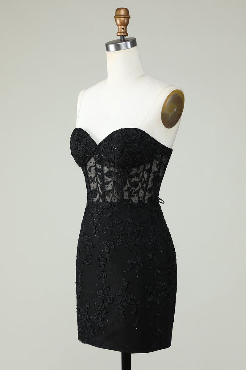 Load image into Gallery viewer, Bodycon Sweetheart Black Corset Kort Homecoming kjole med applikasjoner