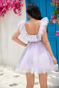Cute A Line Lavender Off the Shoulder Corset Homecoming Dress med Ruffles