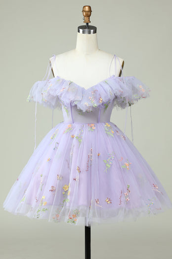 Lavendel av skulderen Korsett Homecoming kjole med volanger