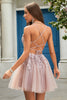 Load image into Gallery viewer, A Line Spaghetti stropper Blush Short Homecoming kjole med Criss Cross Back