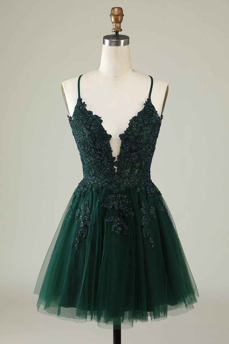 Load image into Gallery viewer, A Line Spaghetti Straps Dark Green Short Homecoming Dress med Appliques