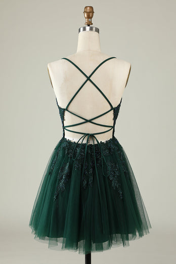 A Line Spaghetti Straps Dark Green Short Homecoming Dress med Appliques