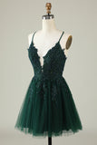 A Line Spaghetti Straps Dark Green Short Homecoming Dress med Appliques