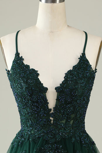 A Line Spaghetti Straps Dark Green Short Homecoming Dress med Appliques