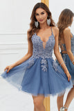 A Line Spaghetti Straps Dark Green Short Homecoming Dress med Appliques