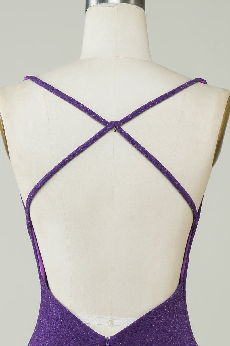 Load image into Gallery viewer, Stilig dyp V-hals lilla kort hjemkomstkjole med kryssende rygg