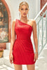 Load image into Gallery viewer, Bodycon One Shoulder Red Kort Homecoming kjole med perler