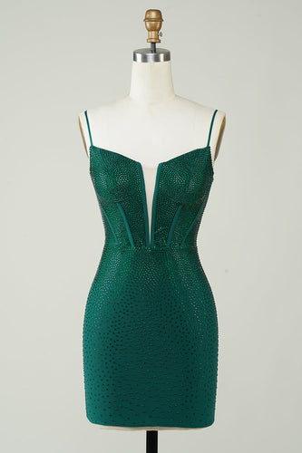Sparkly Bodycon Spaghetti stropper Mørkegrønn Kort Homecoming kjole med perler