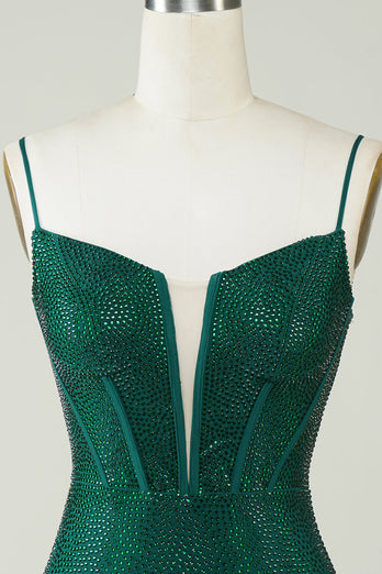 Sparkly Bodycon Spaghetti stropper Mørkegrønn Kort Homecoming kjole med perler