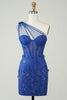 Load image into Gallery viewer, Unik kappe en skulder Royal Blue Kort Homecoming kjole med applikasjoner