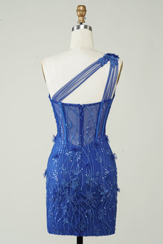 Unik kappe en skulder Royal Blue Kort Homecoming kjole med applikasjoner