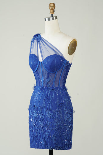 Unik kappe en skulder Royal Blue Kort Homecoming kjole med applikasjoner