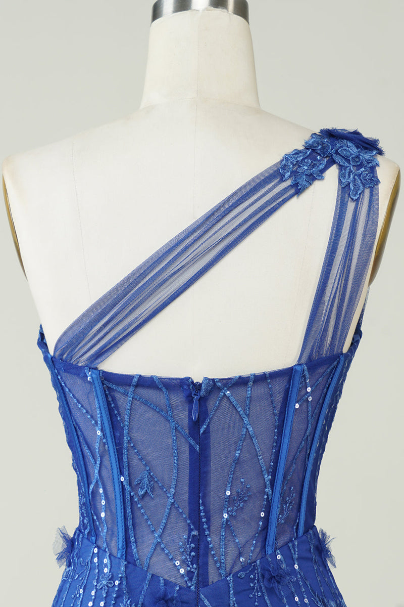 Load image into Gallery viewer, Unik kappe en skulder Royal Blue Kort Homecoming kjole med applikasjoner