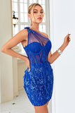 Bodycon One Shoulder Royal Blue Short Homecoming kjole med applikasjoner