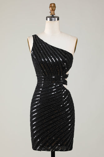 Sparkly Bodycon One Shoulder Black paljetter Kort Homecoming kjole med Cut Out