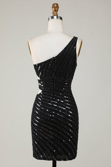 Sparkly Bodycon One Shoulder Black paljetter Kort Homecoming kjole med Cut Out