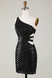 Sparkly Bodycon One Shoulder Black paljetter Kort Homecoming kjole med Cut Out