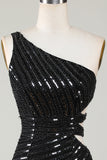 Sparkly Bodycon One Shoulder Black paljetter Kort Homecoming kjole med Cut Out