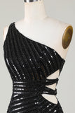 Sparkly Bodycon One Shoulder Black paljetter Kort Homecoming kjole med Cut Out