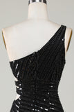 Sparkly Bodycon One Shoulder Black paljetter Kort Homecoming kjole med Cut Out