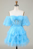 Load image into Gallery viewer, Søt en linje Blå tyll av skulderen Kort Homecoming kjole
