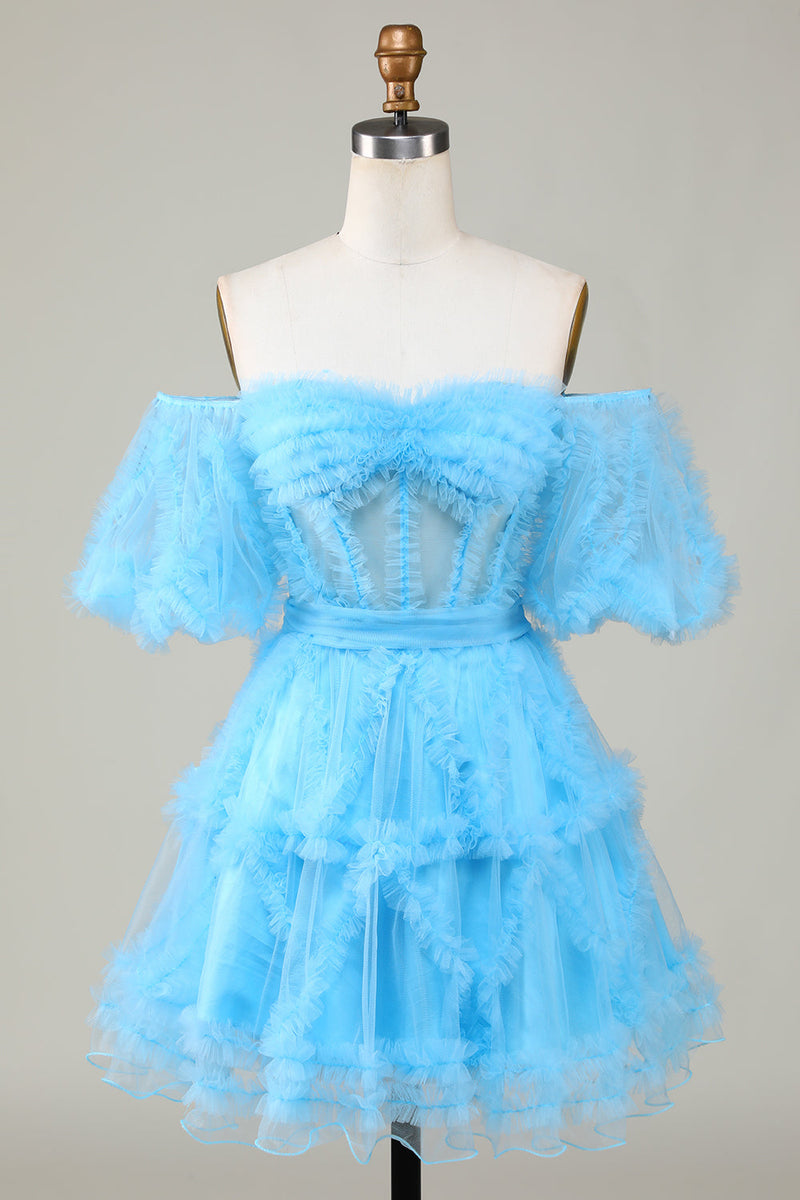 Load image into Gallery viewer, Søt en linje Blush Tulle Off The Shoulder Short Homecoming Dress